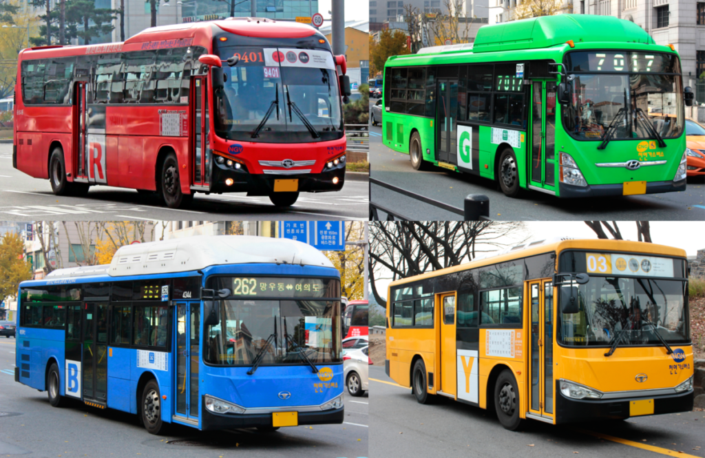 韓国ソウル近辺の、バスの種類と料金表（現金の場合）